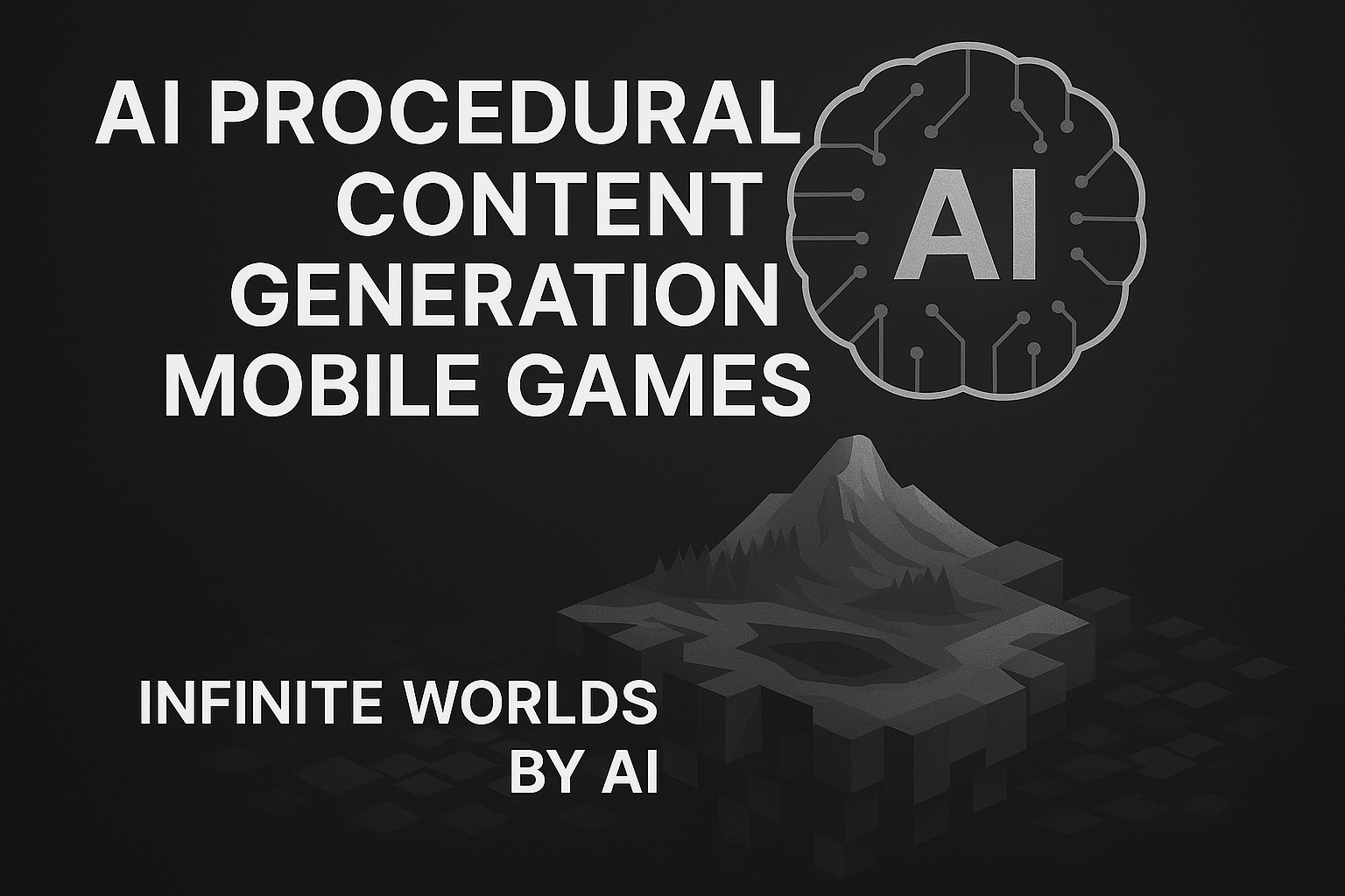 AI procedural content generation mobile games thumbnail with center-aligned title text, glowing AI brain icon, endless data block terrain, and futuristic black-grey 7D textured background in 16:9 format.