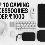 Affordable gaming accessories under ₹1000 thumbnail showing ten budget peripherals—mechanical keyboard, gaming headset, wired mouse, mousepad, gamepad, finger sleeves, mobile cooler, RGB mousepad, hard carry case, and wired controller—arranged neatly on a clean white background with subtle drop shadows in 16:9 format.