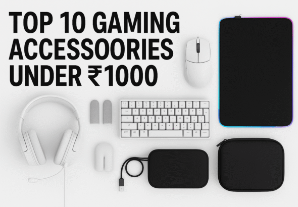Affordable gaming accessories under ₹1000 thumbnail showing ten budget peripherals—mechanical keyboard, gaming headset, wired mouse, mousepad, gamepad, finger sleeves, mobile cooler, RGB mousepad, hard carry case, and wired controller—arranged neatly on a clean white background with subtle drop shadows in 16:9 format.