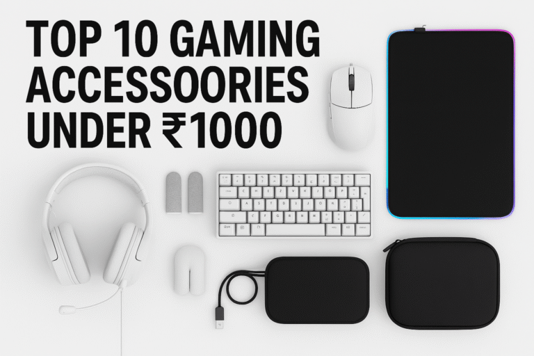 Affordable gaming accessories under ₹1000 thumbnail showing ten budget peripherals—mechanical keyboard, gaming headset, wired mouse, mousepad, gamepad, finger sleeves, mobile cooler, RGB mousepad, hard carry case, and wired controller—arranged neatly on a clean white background with subtle drop shadows in 16:9 format.
