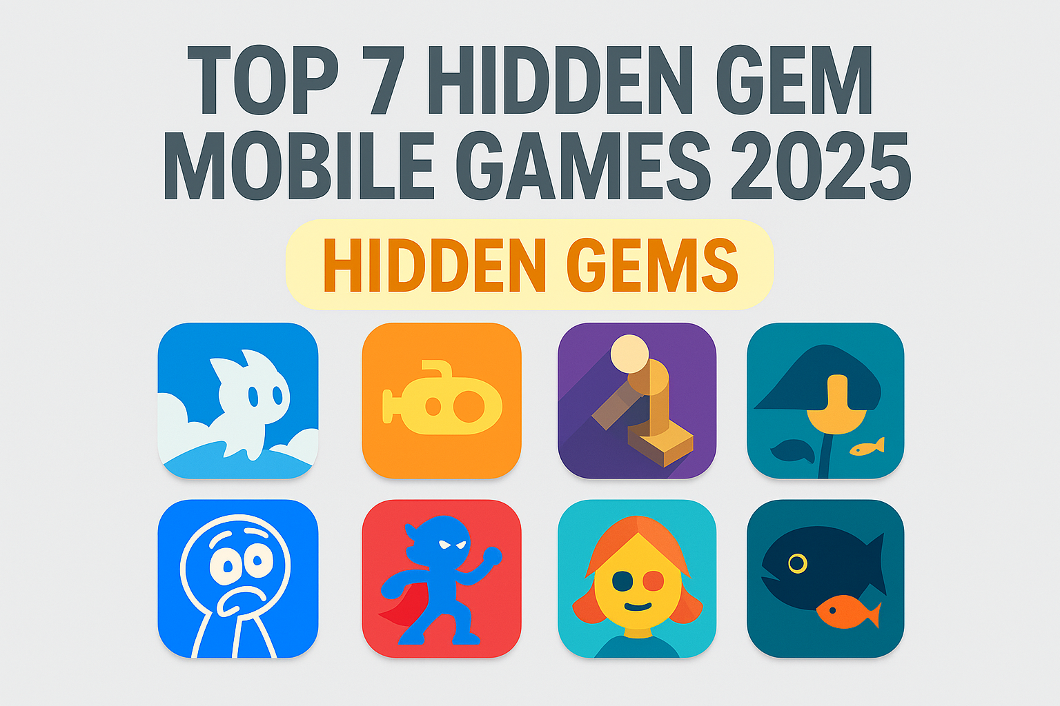 Hidden gem mobile games 2025 thumbnail with a light grey background and colorful layout showcasing 7 unknown game icons, a glowing ‘Hidden Gems’ label, and vibrant color accents in 16:9 format.